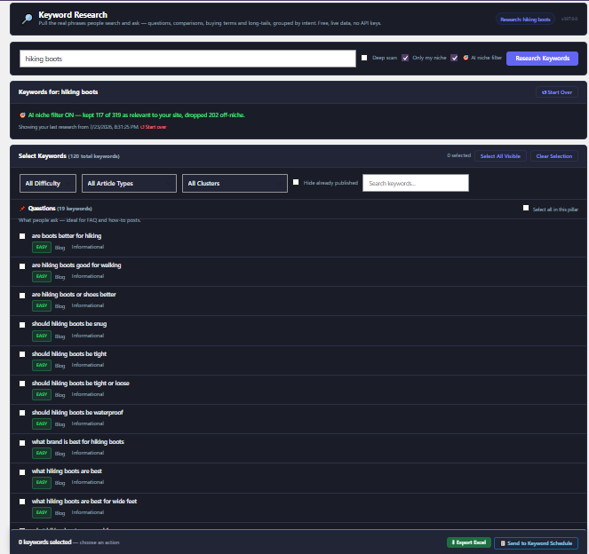 Keyword Research pulling real Google searches grouped by intent for a seed keyword