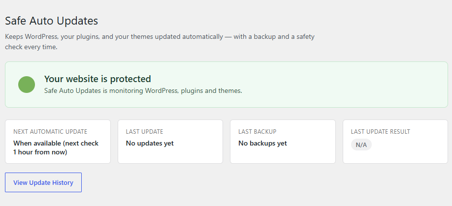The TwinCraft AutoGuard dashboard in WordPress: a green "Your website is protected" status, plus cards for the next automatic update, last update, last backup and last result, and a View Update History button.